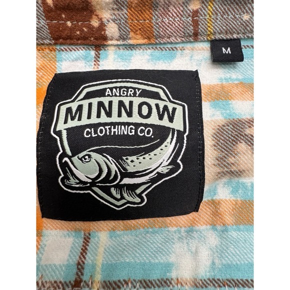 Angry Minnow Shirt Mens Medium Blue Brown Plaid Flannel Button Up Kind Of Weird - Picture 4 of 11